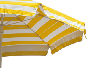 A closeup of a yellow and white striped beach umbrella providing shade, isolated on a transparent background