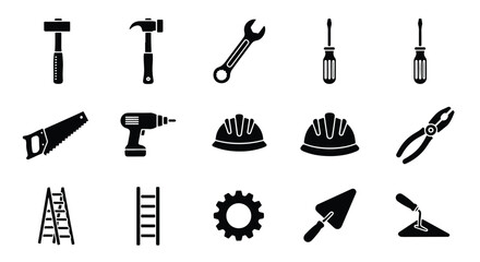 Obraz premium Vector Silhouette Icon Set - construction and diy tools, including hammers, wrenches, drills, and safety gear editable line icon set