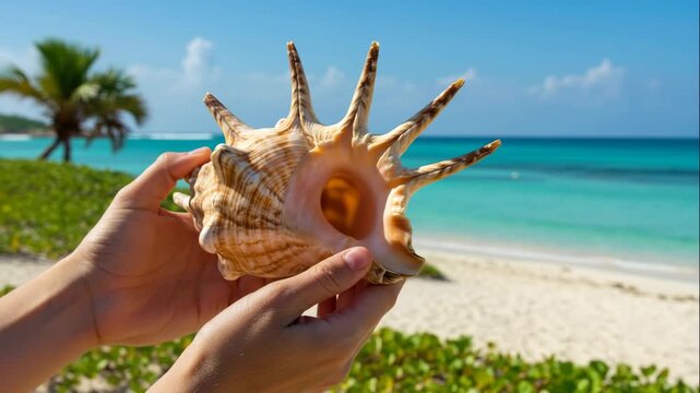 Close-up: a hand holding a large beautiful shell on the white sand of a tropical beach against the backdrop of the turquoise ocean. Concept of a tourist souvenir