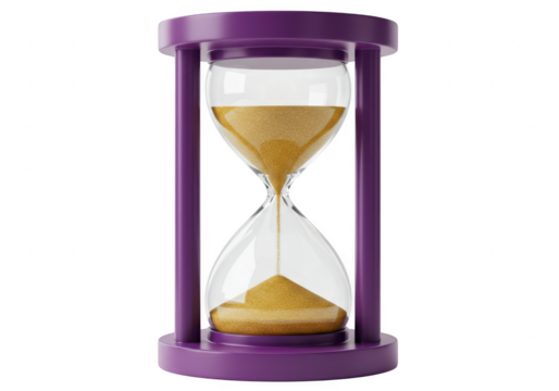 A purple hourglass with golden sand flowing through it, isolated on a transparent background - Powered by Adobe