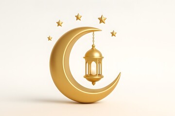 Golden Moon with Lantern and Stars for Ramadan Celebration
