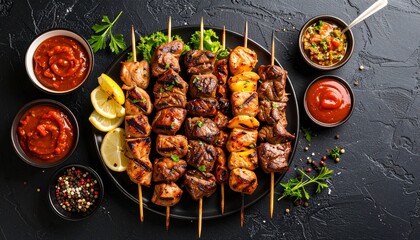 Top-down composition of assorted meat skewers served with sides on a black textured surface, bold colors and strong shadows enhancing the grilled texture