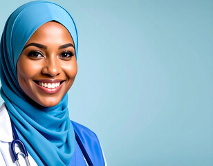 Healthcare professional in blue hijab and uniform with stethoscope poses against light blue backdrop. A modern, confident scene symbolizing wellness, medical identity, and professional care