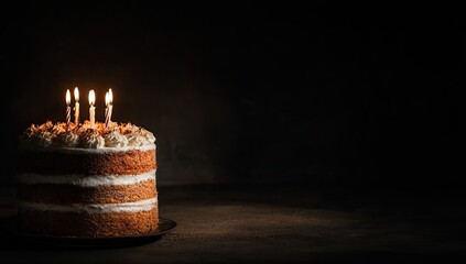 Birthday cake with lit candles in dark background