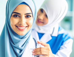 Two medical professionals in hijab, stethoscope, and clinical attire engage in healthcare examination. A professional, culturally inclusive scene reflecting care, skill, and medical service