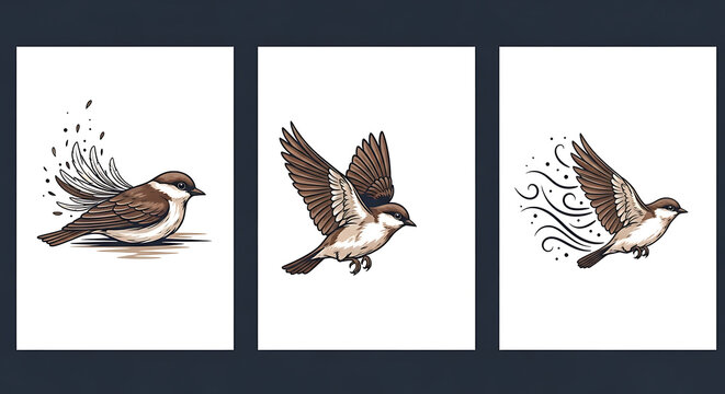 Three Brown Birds Artistic Illustrations Flight Feathers Design