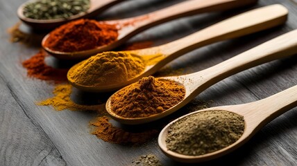 Aromatic Spices in Wooden Spoons on a Rustic Tabletop