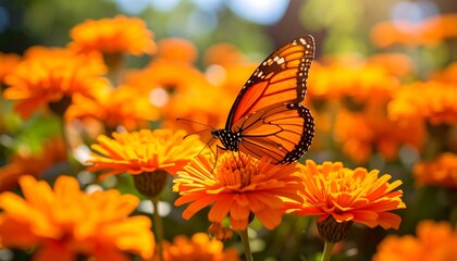 Obraz premium Monarch butterfly on vibrant orange flowers (1)