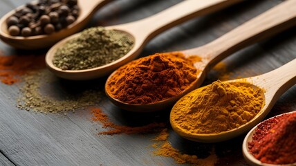 Aromatic Spices in Wooden Spoons on a Rustic Tabletop