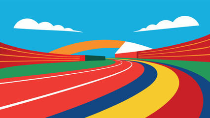 Vibrant running track stadium with colorful lanes and stadium seating