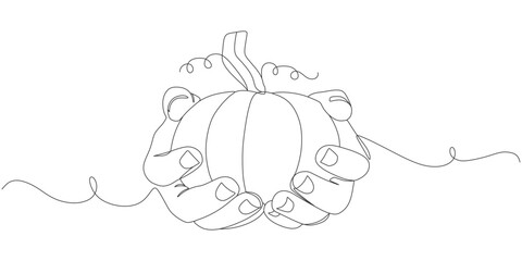 Continuous One Line Drawing of Hands Holding a Pumpkin – Minimalist Halloween and Autumn Outline Vector