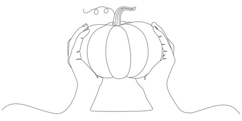 One Line Drawing of Two Hands Holding Pumpkin – Minimalist Halloween and Autumn Outline Illustration

