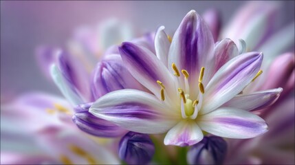 Fototapeta premium Delicate petals of a purple and white flower open beautifully, showcasing intricate details and vibrant colors under soft sunlight in a serene spring setting.