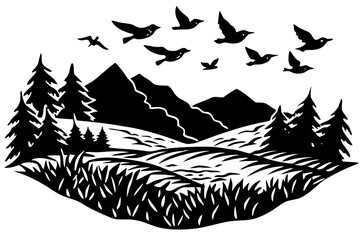 Vector art of silhouette of landscape with mountains