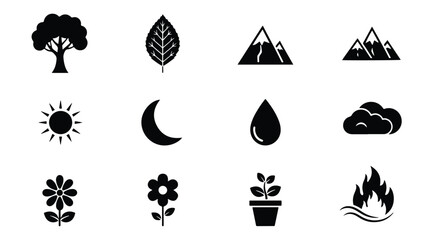 Vector Silhouette Icon Set -  twelve naturethemed icons, including a tree, leaf, mountains, sun, moon, water drop, cloud, flowers, plant, and fire editable line icon set