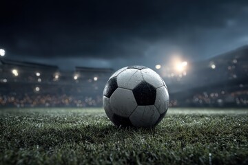 Dramatic nighttime view of a soccer ball resting on grass in a packed stadium ready for an exciting match under stadium lights