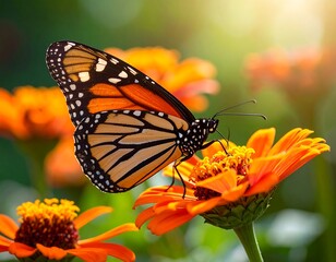 Fototapeta premium Monarch butterfly on vibrant orange flowers