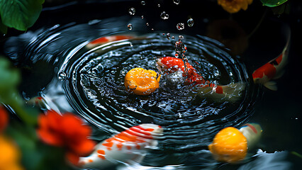Colorful koi fish swimming in a tranquil garden pond.