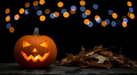 Fototapeta premium Spooky Halloween Jack-o'-lantern with autumn leaves and bokeh lights; festive, dark, and atmospheric.