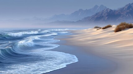 Naklejka premium Discover the Serenity of Waves and Sand Dunes at Our Breathtaking Beach Paradise with Golden Light