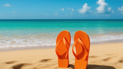 Vibrant beach scene with flip-flops.