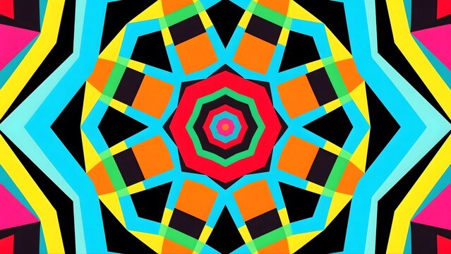 A vibrant, symmetrical kaleidoscope pattern with colorful geometric shapes radiating from a central octagon. - Powered by Adobe