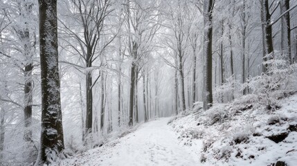 Snow blankets the forest path, creating a peaceful and quiet atmosphere. Tall trees stand majestically, coated in frost, while a gentle mist shrouds the surroundings.