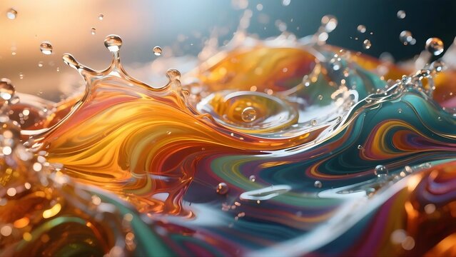 An abstract splash of colorful liquid with swirling orange and teal patterns and droplets.