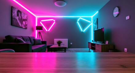 Close-up of modern living room with table room with a table, background, neon light background with light pink blue lights neon, Wood table with blurred modern apartment interior background, wallpaper