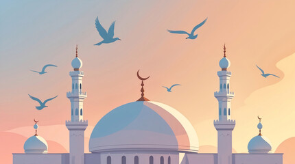 illustrated mosque with clouds behind white minarets sunset glow peaceful flying birds islamic background dramatic spiritual setting architecture wallpaper background