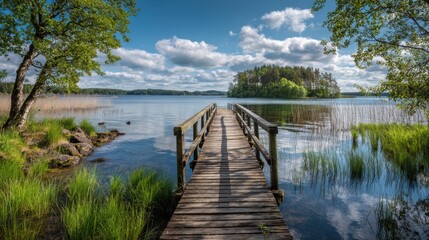 Obraz premium A wooden pier extends into a calm lake surrounded by lush greenery and gentle hills, creating a tranquil atmosphere perfect for relaxation and nature appreciation.