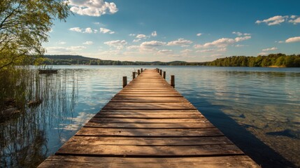 Fototapeta premium A long wooden dock leads into a calm lake surrounded by lush trees and distant hills. The sky is clear with soft clouds, creating a peaceful afternoon atmosphere.