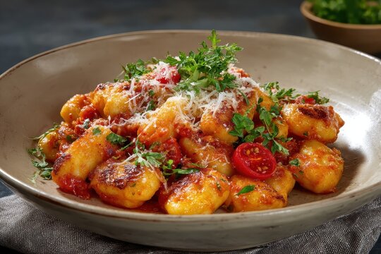 Delicious gnocchi in rich tomato sauce topped with cheese and fresh herbs served in a rustic bowl for a comforting meal
