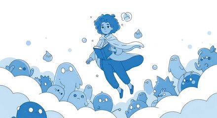 A young adventurer with a book floats through a dreamy sky filled with clouds and cute spirits.
