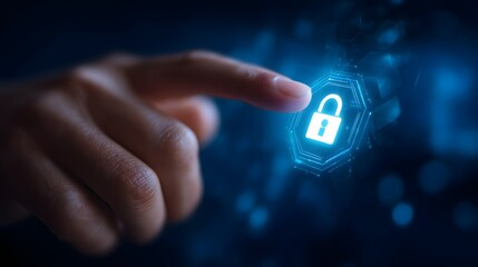 Hand touching glowing digital lock icon, symbolizing cybersecurity, data protection, privacy, secure access, and modern technology in a digital world.