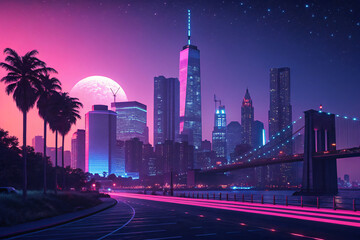 Fototapeta premium Experience vibrant city nightlife with captivating neon skyline and palm trees under the moonlight for unforgettable memories