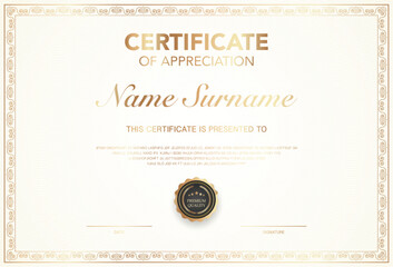 Elegant certificate of appreciation template with classic gold border, premium quality badge, customizable name, date, and signature section. Ideal for awards, recognition, or achievement.