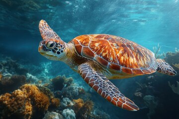 Obraz premium Big green sea turtle gracefully swims through clear blue waters above vibrant coral reefs, showcasing natural beauty and marine life diversity