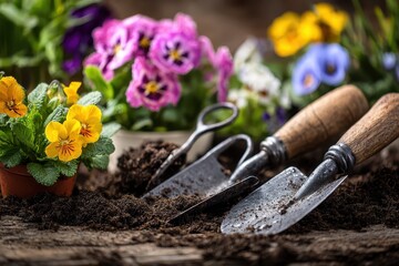 Spring gardening tools prepared for planting colorful flowers in a vibrant garden filled with blooming pansies and lush greenery