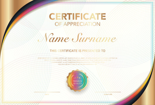 Colorful modern certificate of appreciation with premium quality badge, elegant wave lines, gold and rainbow border design, customizable name and date. Perfect for awards, recognition, achievement.