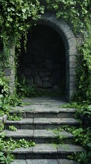 Stone Archway Entrance with Climbing Vines and Steps Leading to Opening