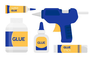 Flat vector set of adhesive tools including latex, instant, liquid, stick types, and a hot glue gun. Designed in soft white, gray, yellow, and blue tones—great for DIY or crafting visuals.