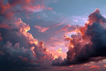 Colorful summer sky at sunset with dynamic clouds creating a vibrant atmosphere over the horizon
