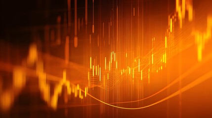 Abstract glowing orange financial chart with candlestick and line graphs. Futuristic stock market, trading, investment, and data analytics background.