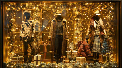 Elegant fashion mannequins display stylish clothing in a festive golden window