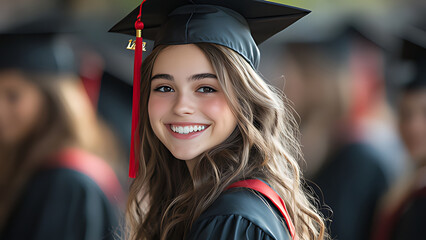 A young woman at a graduation ceremony happy