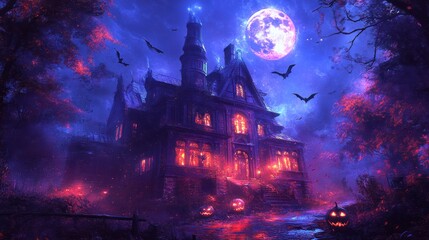 Enchanting haunted mansion, glowing under a mystical moonlit night, surrounded by spooky autumn trees and jack-o'-lanterns