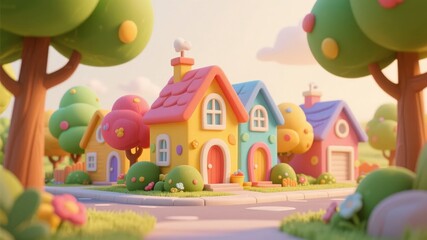 Colorful Cartoon Houses in a Whimsical Village