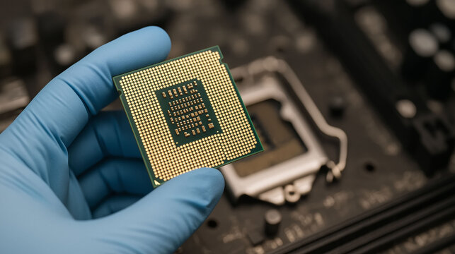 Closeup of hand holding microprocessor chip over motherboard showing advanced computer technology and electronics innovation