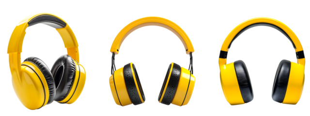 Set of Bright Yellow Safety Ear Protection Headphone isolated on transparent background, in PNG format, cut out